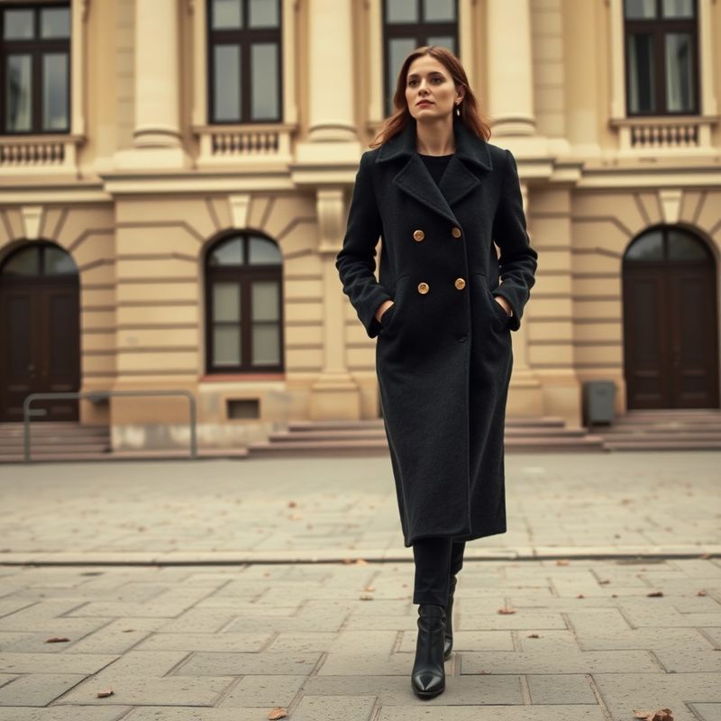 Femeie în palton lung cărbuniu din lână dublă cu nasturi aurii pe lângă o clădire neoclasică