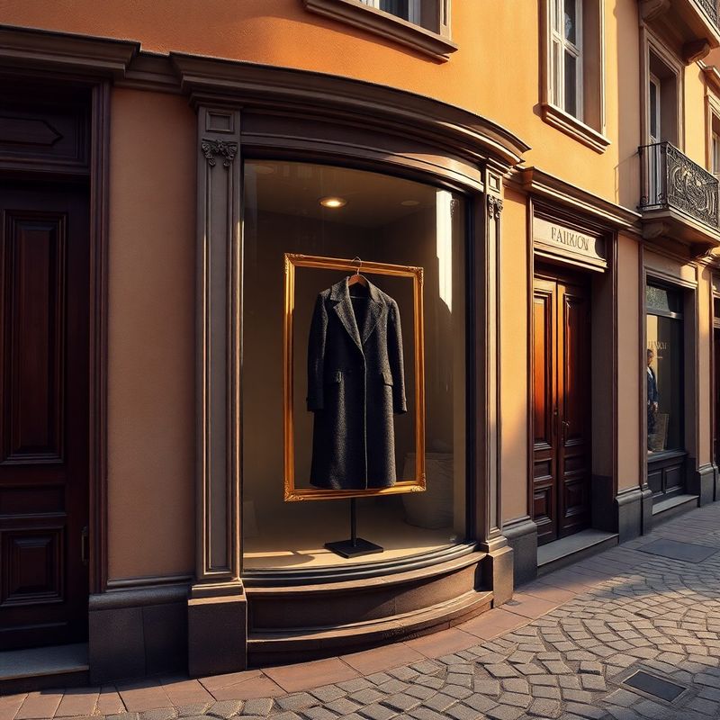 Fațada showroom-ului AdvisoryPartnerspace cu vitrină cu cadru auriu pe o stradă pietruită