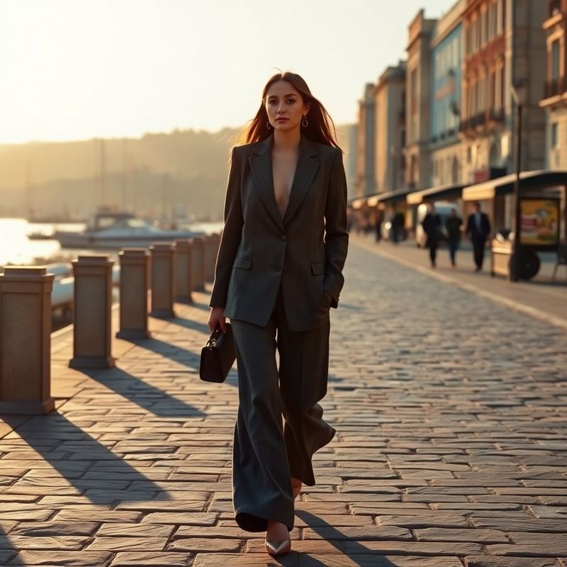 Femeie în sacou cărbuniu structurat și pantaloni largi pe promenada din Galați