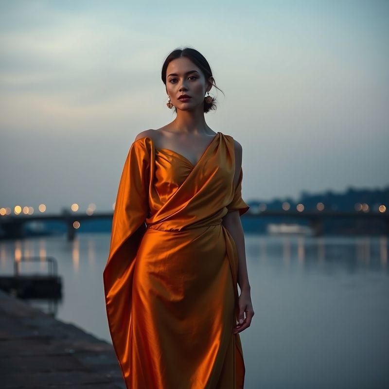 Portret integral al unei femei într-o rochie aurie din mătase pe malul Dunării la apus